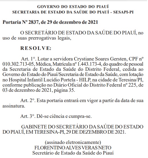 Médica da SES-DF cedida para a SES-PI em 2021, tem renovação da cessão até 2026 